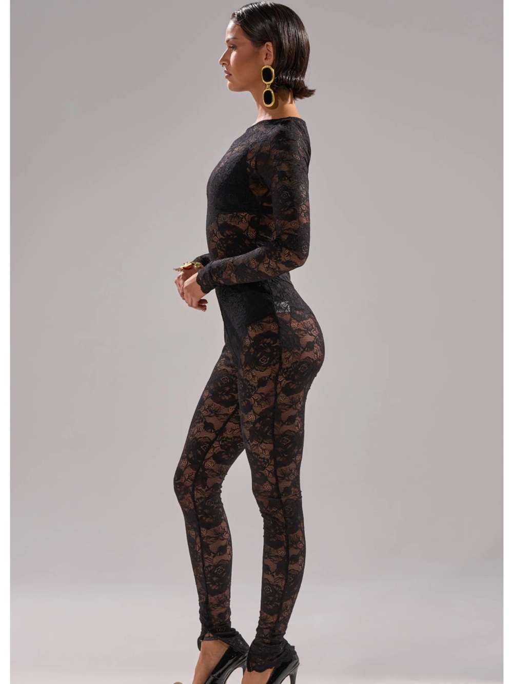 AKIRA Black Lace Bodysuit with Floral Mesh - Picture 3 of 9